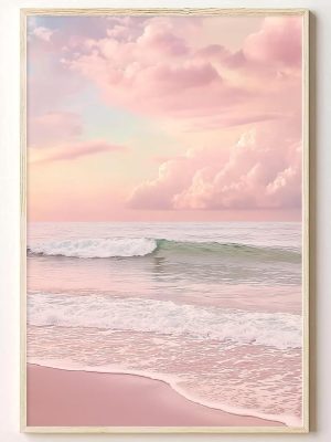 Pink Beach Canvas Wall Art Ocean Waves Picture Pink Modern Coastal Prints Sunset Beach Canvas Wall Art Sea Landscape Print Modern Seascape Art Painting Sunrise Ocean Poster Prints 16x24in No Frame