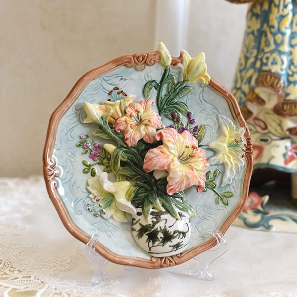 Ceramic Collections Plate, 3D Hand Painted Lilies Flower Decorative Tray with Display Stand -8"