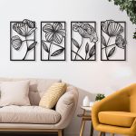 4 Pcs Black Metal Wall Art Metal Flowers Wall Art Black Minimalist Line Art Wall Decor Room Decor Aesthetic Modern House Decor for Living Room Bedroom Bathroom Kitchen (Elegant)