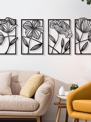 4 Pcs Black Metal Wall Art Metal Flowers Wall Art Black Minimalist Line Art Wall Decor Room Decor Aesthetic Modern House Decor for Living Room Bedroom Bathroom Kitchen (Elegant)