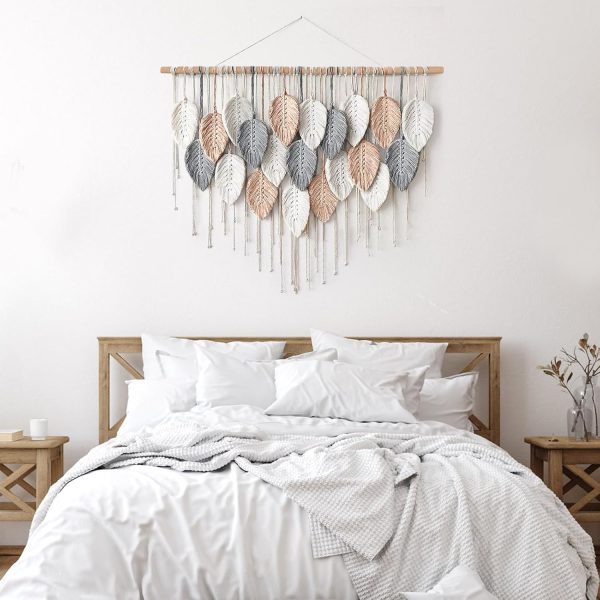 Large  Wall Hanging, Boho Woven Tapestry, Chic Modern Bohemian Handmade Leaf Feather Wall Art Home Decor for Apartment Dorm Living Room Bedroom Nursery Backdrop (39" W X 29.5" L)
