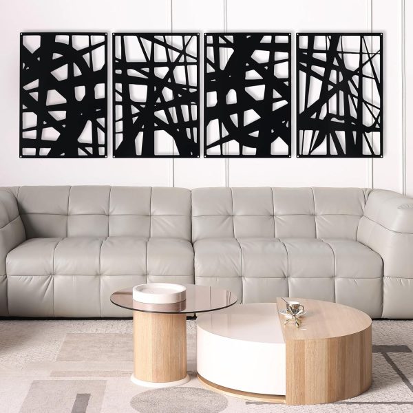 Decorative Metal Panels, Set of 4, 10.98" x 15.94", Modern Geometric Design, Black Metal Wall Art, Room Dividers, Architectural Elements for Home and Office Décor