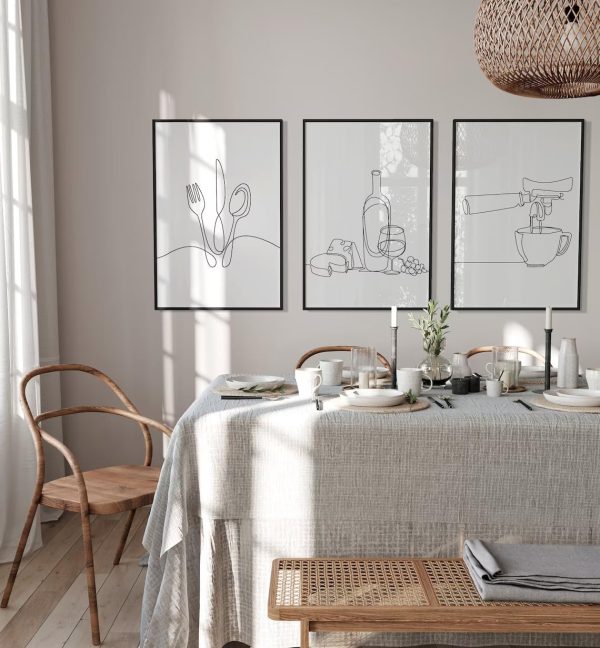 3Pcs Line Drawing Kitchen Wall Art, Modern Black White Minimalist Kitchen Abstract Line Art Posters Prints Dining Room Wall Decor Canvas Paintings Pictures Home Decoration, Unframed (line art, 16x24in