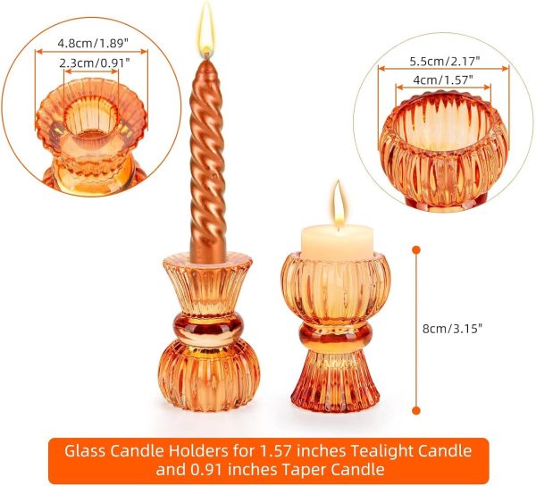 Glass Candle Holders, 2PCS Taper Candlestick Holders Tealight Candle Holders Decorative Candle Stand Tables Centerpieces Decor for Wedding Festival Party Windowsill, Orange