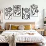 4 Pcs Black Metal Wall Art Metal Flowers Wall Art Black Minimalist Line Art Wall Decor Room Decor Aesthetic Modern House Decor for Living Room Bedroom Bathroom Kitchen (Elegant)