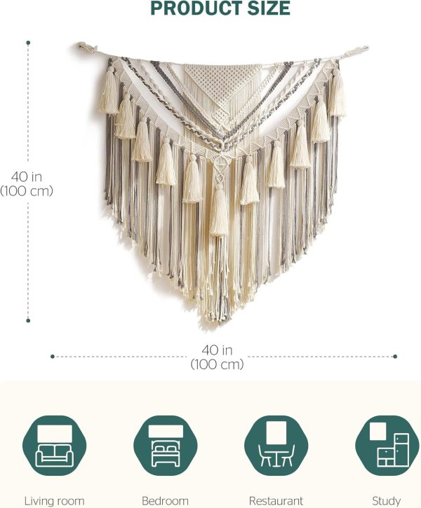 Oversized Fringe Wall Hanging 40"x40" Bohemian Tapestry Woven Decor Cotton Tassel Curtains Beige Grey Delicate Bohemian Wall Art Decor for Living Room Bedroom Dorm Wedding