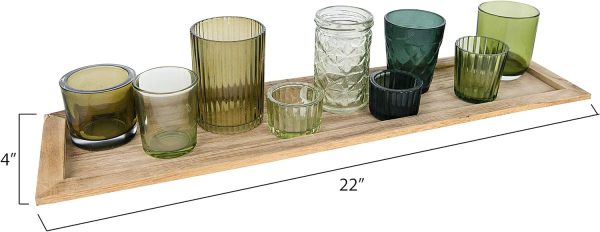 Wood Tray with 9 Green Glass Votive Holders