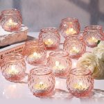 Pink Votive Candle Holders Set of 24- Round Glass Candle Holders Bulk for Flameless LED Tea Waxes, Romantic Candle Holder for Wedding & Home Table Decor, Various Parties