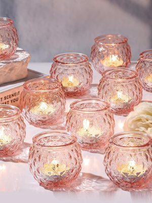Pink Votive Candle Holders Set of 24- Round Glass Candle Holders Bulk for Flameless LED Tea Waxes, Romantic Candle Holder for Wedding & Home Table Decor, Various Parties