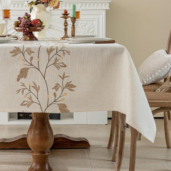 Rustic Waterproof Linen Tablecloth, Heavy Weight Beige Embroidery Table Cloths for Rectangle Tables, Burlap Farmhouse Table Covers (Coffee Leaves, 55''x 86'')