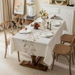 Rustic Waterproof Linen Tablecloth, Heavy Weight Beige Embroidery Table Cloths for Rectangle Tables, Burlap Farmhouse Table Covers (Coffee Leaves, 55''x 86'')