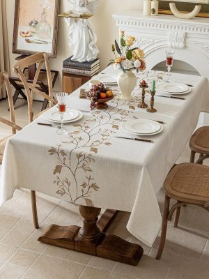 Rustic Waterproof Linen Tablecloth, Heavy Weight Beige Embroidery Table Cloths for Rectangle Tables, Burlap Farmhouse Table Covers (Coffee Leaves, 55''x 86'')
