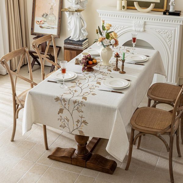 Rustic Waterproof Linen Tablecloth, Heavy Weight Beige Embroidery Table Cloths for Rectangle Tables, Burlap Farmhouse Table Covers (Coffee Leaves, 55''x 86'')