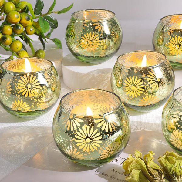 Green Mercury Glass Votive Candle Holders Set of 12, Round Tealight Candle Holders Bulk for Table Centerpieces, Weddings, Shower Gifts, Party Decorations