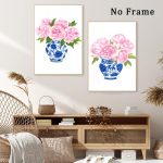 Chinoiserie Wall Art Blue and White Chinoiserie Porcelain Pictures Flower Vase Canvas Pink Floral Watercolor Art Blue and White Vase Wall Art Watercolor Peony Art Prints for Home 16x24inchx2 Frameless
