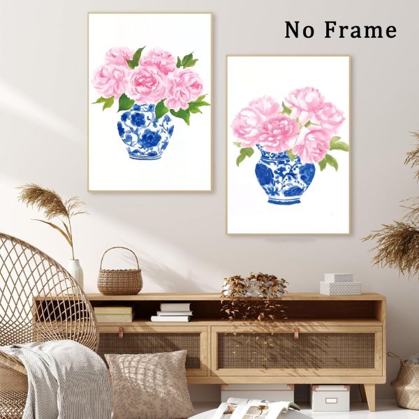 Chinoiserie Wall Art Blue and White Chinoiserie Porcelain Pictures Flower Vase Canvas Pink Floral Watercolor Art Blue and White Vase Wall Art Watercolor Peony Art Prints for Home 16x24inchx2 Frameless