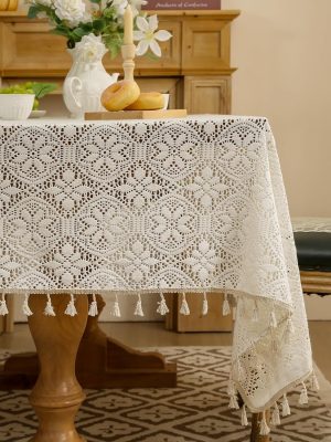 Beige Crochet Tablecloth with Tassels Boho Embroidered Lace Tablecloth Rectangular Linen Floral Design Table Covers for Party Birthday Dinning Table Cloth 60"x60"