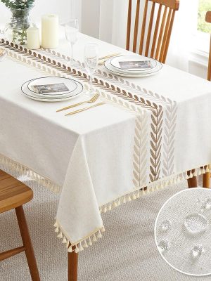 Embroidered Tablecloth for Dining Table,Dust Proof Spillproof Soil Resistant Cotton Linen Rectangle Table Cloths (Coffee Wheat, Rectangle/Oblong, 55'x70'', 4-6 Seats)