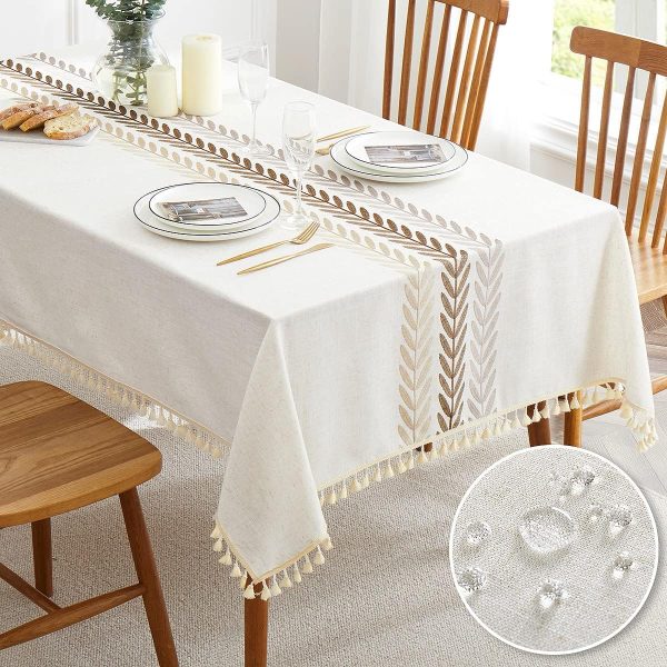 Embroidered Tablecloth for Dining Table,Dust Proof Spillproof Soil Resistant Cotton Linen Rectangle Table Cloths (Coffee Wheat, Rectangle/Oblong, 55'x70'', 4-6 Seats)