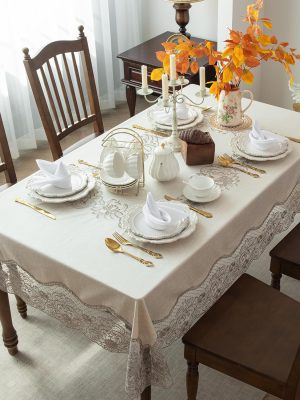 Faux Linen Embroidered Tablecloth 60x84 inch for Rectangle Tables - Waterproof Modern European Style Table Cloth - Vintage Farmhouse Table Cover for Kitchen Patio Picnics Dining Occasion