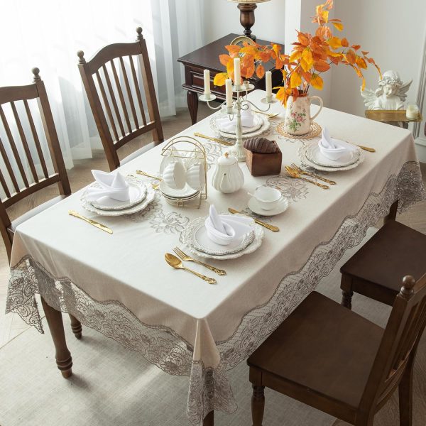 Faux Linen Embroidered Tablecloth 60x84 inch for Rectangle Tables - Waterproof Modern European Style Table Cloth - Vintage Farmhouse Table Cover for Kitchen Patio Picnics Dining Occasion