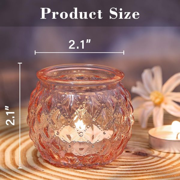 Pink Votive Candle Holders Set of 24- Round Glass Candle Holders Bulk for Flameless LED Tea Waxes, Romantic Candle Holder for Wedding & Home Table Decor, Various Parties