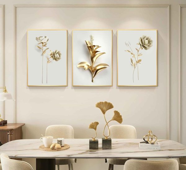 3Pcs Abstract Golden Flower Canvas Wall Art Modern Luxury Minimalism Nordic Floral Plant Painting Picture Wall Decor Poster Print Artwork for Living Room Bedroom Home Decoration Unframed