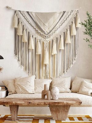 Oversized Fringe Wall Hanging 40"x40" Bohemian Tapestry Woven Decor Cotton Tassel Curtains Beige Grey Delicate Bohemian Wall Art Decor for Living Room Bedroom Dorm Wedding