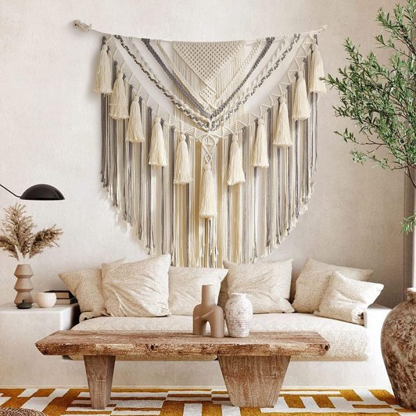 Oversized Fringe Wall Hanging 40"x40" Bohemian Tapestry Woven Decor Cotton Tassel Curtains Beige Grey Delicate Bohemian Wall Art Decor for Living Room Bedroom Dorm Wedding