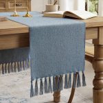 Linen Style Rustic Table Runner, Farmhouse Cotton Linen Table Runner, Boho Table Runners 90 Inches Long with Hand Tassels for Home Tabletop Decor and Everyday Use - Dusty Blue, 90 Inch