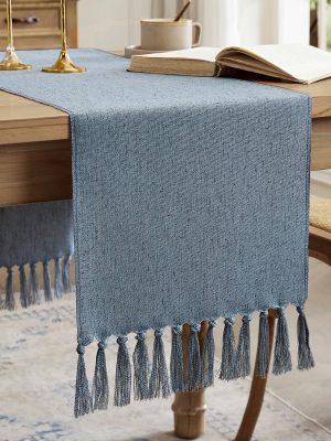 Linen Style Rustic Table Runner, Farmhouse Cotton Linen Table Runner, Boho Table Runners 90 Inches Long with Hand Tassels for Home Tabletop Decor and Everyday Use - Dusty Blue, 90 Inch