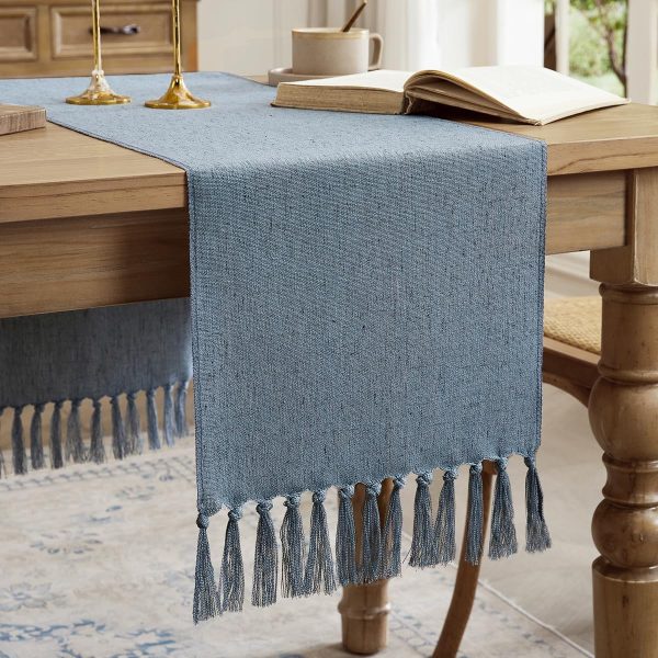 Linen Style Rustic Table Runner, Farmhouse Cotton Linen Table Runner, Boho Table Runners 90 Inches Long with Hand Tassels for Home Tabletop Decor and Everyday Use - Dusty Blue, 90 Inch