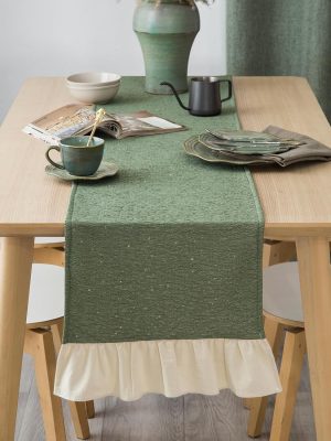 Luxurious Gold Gilding  Textured Table Runner with Cotton Retro Ruffle Trim Solid Farmhouse Tea Table Runner with Flounces Dresser Scarves Table Top Decor Olive Green