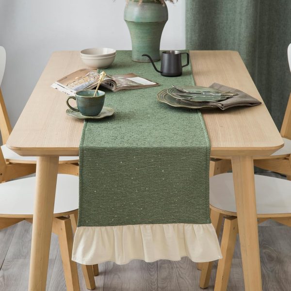 Luxurious Gold Gilding  Textured Table Runner with Cotton Retro Ruffle Trim Solid Farmhouse Tea Table Runner with Flounces Dresser Scarves Table Top Decor Olive Green
