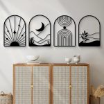 4 Pack Black Abstract Metal Wall Art, Minimalist Décor Single Line Art Wall Décor, 3D Textured Metal Wall Sculptures, for Living Room Bedroom Bathroom Study Room (Black Boho, M Size 17 x 12'')