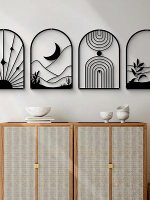 4 Pack Black Abstract Metal Wall Art, Minimalist Décor Single Line Art Wall Décor, 3D Textured Metal Wall Sculptures, for Living Room Bedroom Bathroom Study Room (Black Boho, M Size 17 x 12'')