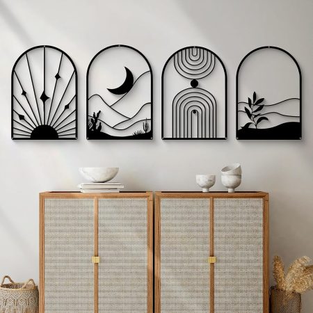 4 Pack Black Abstract Metal Wall Art, Minimalist Décor Single Line Art Wall Décor, 3D Textured Metal Wall Sculptures, for Living Room Bedroom Bathroom Study Room (Black Boho, M Size 17 x 12'')