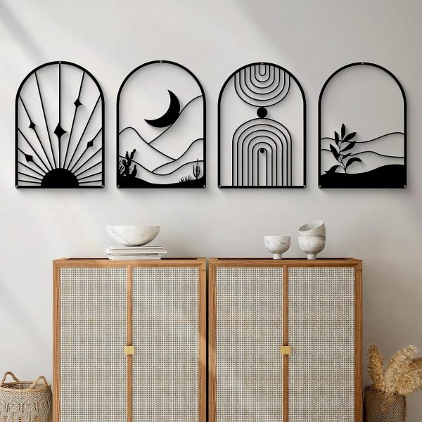 4 Pack Black Abstract Metal Wall Art, Minimalist Décor Single Line Art Wall Décor, 3D Textured Metal Wall Sculptures, for Living Room Bedroom Bathroom Study Room (Black Boho, M Size 17 x 12'')