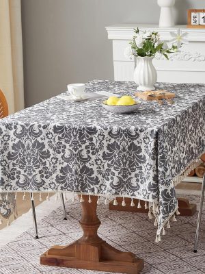 Boho Tablecloth Euro Floral Cotton Linen Gray Printed Tablecloth with White Tassel Lace, Wrinkle Resistant Shrinkage Resistant, Suitable for All Styles Dining Room Kitchen (55 X 55 Inch) Gray