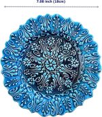Turkish Handmade Decorative Plate for Display, Blue Ceramic Ornament for Home-Office, Floral Pattern Hand Painted Wall Hanging Decor, Embossed Commemorative Plates with Stand
