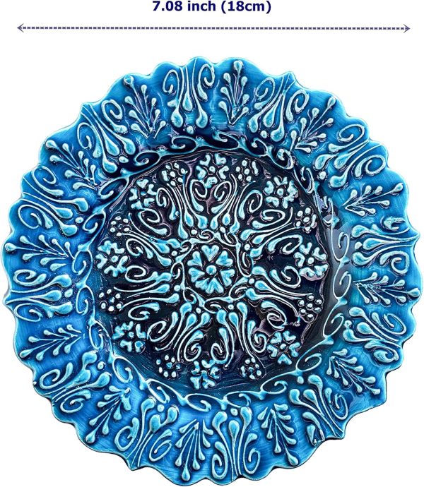 Turkish Handmade Decorative Plate for Display, Blue Ceramic Ornament for Home-Office, Floral Pattern Hand Painted Wall Hanging Decor, Embossed Commemorative Plates with Stand
