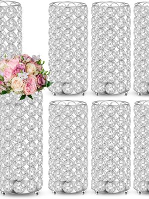 8 Pcs Crystal Flower Vase for Wedding Table Centerpieces 7.87 in Crystal Pillar Candle Holder Metal Cylinder Flower Vase Stand for Wedding Decor Gifts Arrangement Event(Silver)