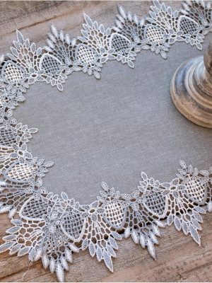 Lace Runner Earth Tone Silver Lace on Silver Fabric Table Runners, Dresser Scarf (14Wx28L)