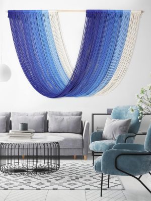 Wall Hanging Nature Cotton, Large  Tapestry Wall Decor, Woven Yarn Tassel Tapestry Wall Art, Bohemian Style Home Decor For Living Room And Bedroom 58''L*33''H(Blue)