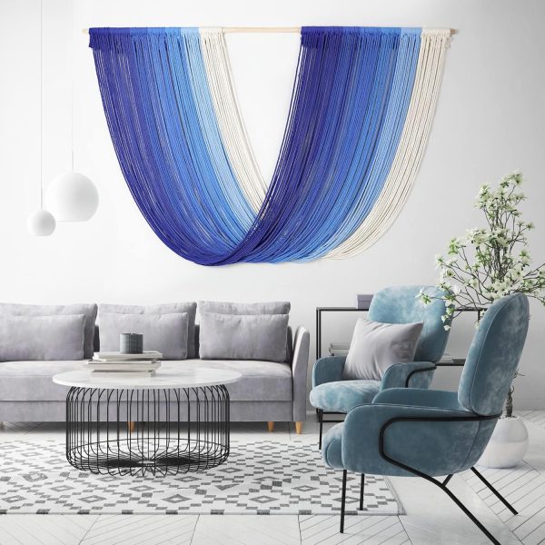 Wall Hanging Nature Cotton, Large  Tapestry Wall Decor, Woven Yarn Tassel Tapestry Wall Art, Bohemian Style Home Decor For Living Room And Bedroom 58''L*33''H(Blue)