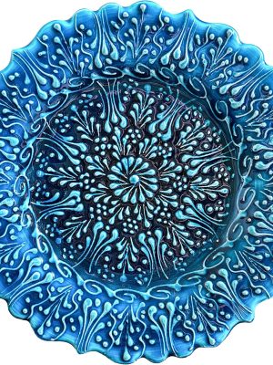 Turkish Handmade Decorative Plate for Display, Blue Ceramic Ornament for Home-Office, Floral Pattern Hand Painted Wall Hanging Decor, Embossed Commemorative Plates with Stand